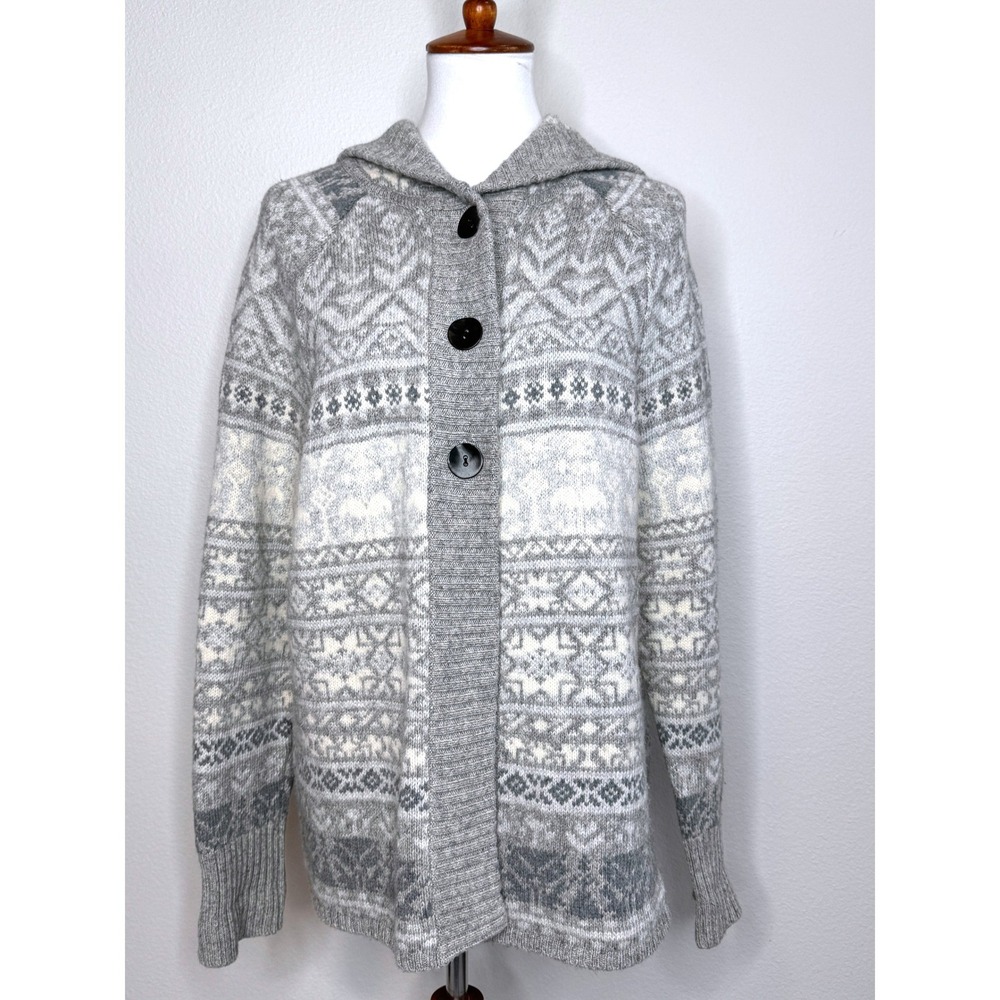 EDDIE BAUER Womens Lambswool Angora Blend Hooded Cardigan XL Fair Isle Grays